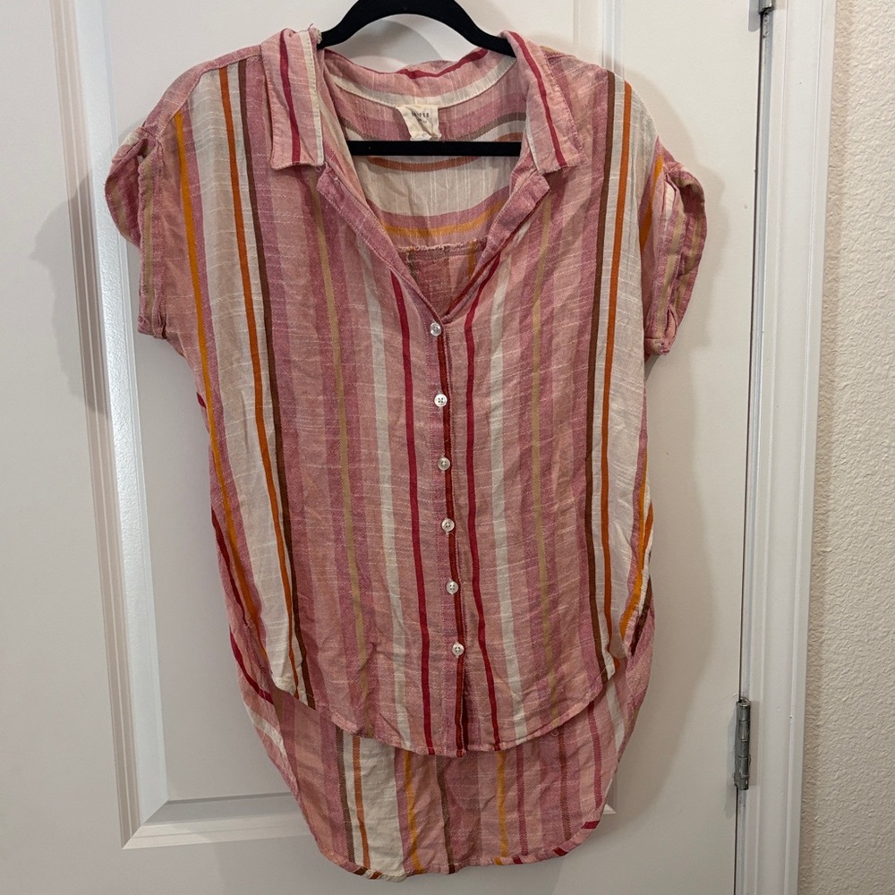 Striped Pink Short-Sleeve Button Front Top
